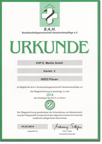 B.A.H. Urkunde Pflegedienst Mehlis